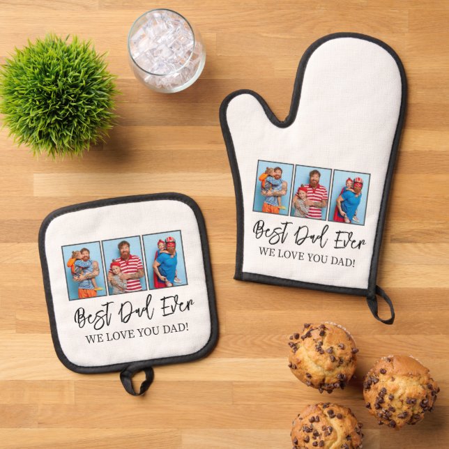 Fathers Day Photo Collage Best Dad Ever Oven Mitt & Pot Holder Set (Top Down)