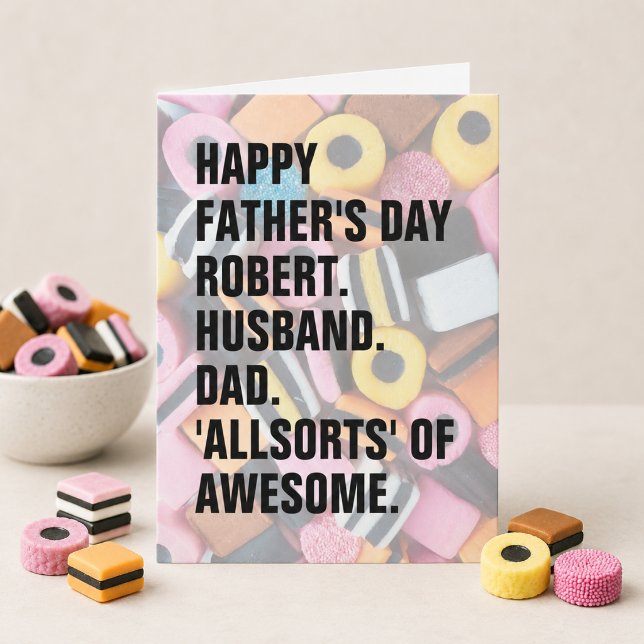 Father's Day Retro Allsorts Candy Personalised Card (Add name & edit message inside to personalize )