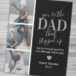 Father's Day Step dad Photo Fleece Blanket<br><div class="desc">Stylish black stepdad blanket featuring 4 photos of the kids,  the message "you're the dad that stepped up",  a personalised message that you can keep or change to your own,  a cute heart,  and your childrens names.</div>