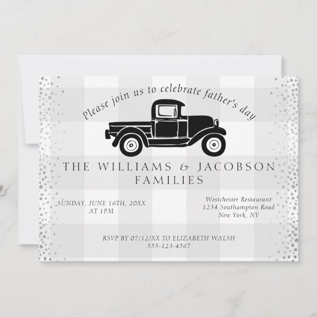 Father's Day Vintage Truck Grey Buffalo Check Invitation (Front)