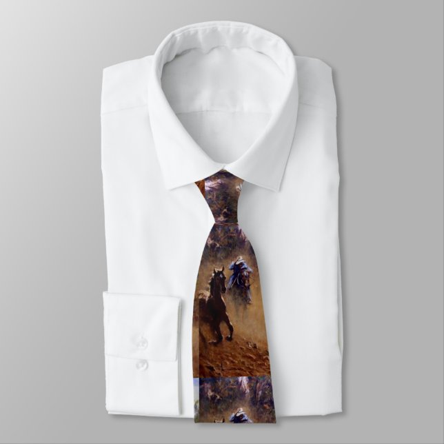 Father's Day Western Horses Pattern Neck Tie (Tied)