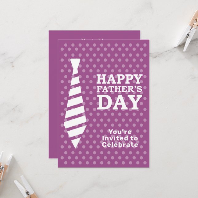 Fathers Day White Tie Purple Dots Dinner Party Invitation (Front/Back In Situ)