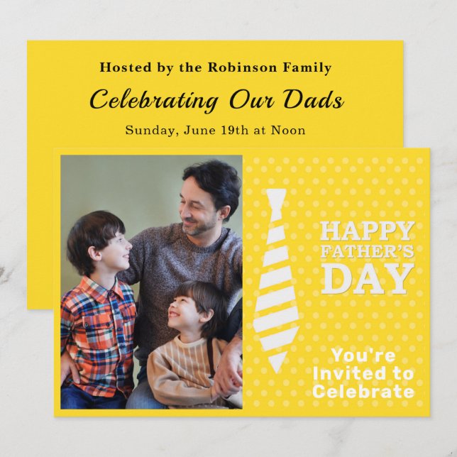 Fathers Day White Tie Yellow Dots Add Photo Party Invitation (Front/Back)