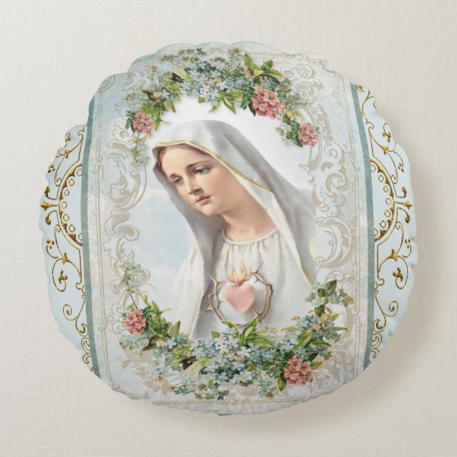 Fatima Blessed Virgin Mary Catholic Floral Round Cushion (Front)