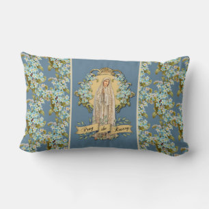 Fatima Virgin Mary Blue Floral Rosary  Lumbar Cushion
