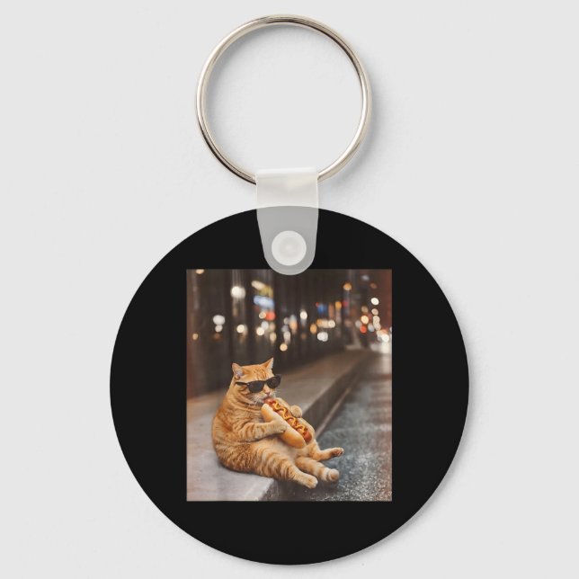 Fatty Red Cat Eating Hot Dog Funny Glizzy Meme Hot Key Ring (Front)