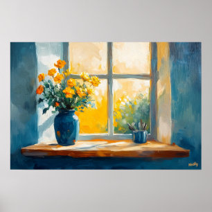 Fauvist Sunlit Window with Flowers – warm home Poster