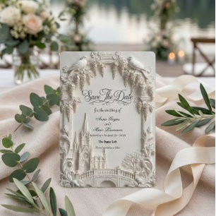 Faux 3D Embossed Relief Cream Baroque Cathedral Save The Date