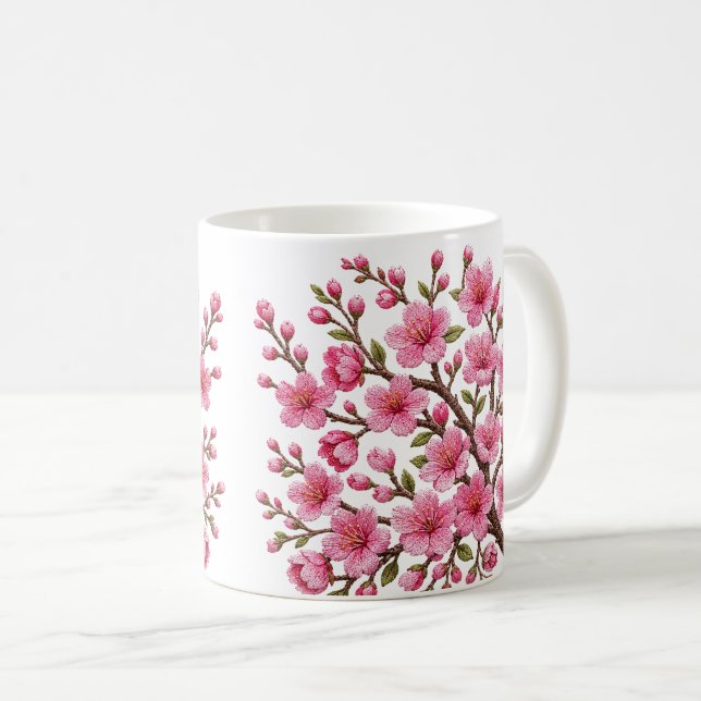 Faux 3D Embroidered Sakura Branch Illustration Coffee Mug (Front Right)
