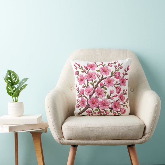 Faux 3D Embroidered Sakura Branch Illustration Cushion (Chair)