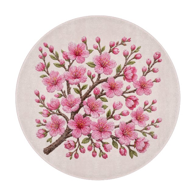 Faux 3D Embroidered Sakura Branch Illustration Cutting Board (Front)