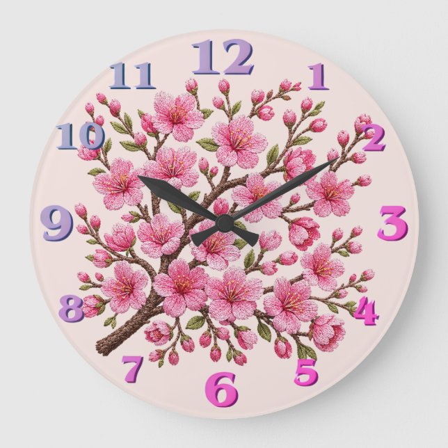 Faux 3D Embroidered Sakura Branch Illustration Large Clock (Front)