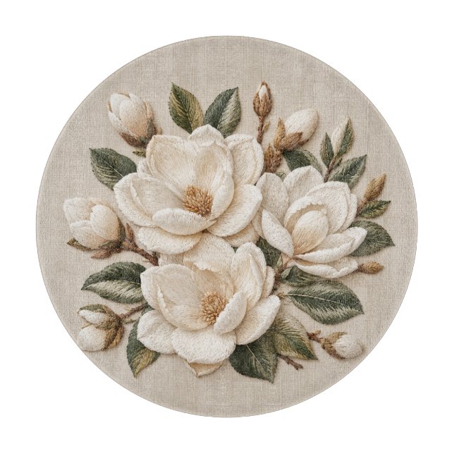 Faux 3D Embroidered White Magnolia Illustration  Cutting Board (Front)