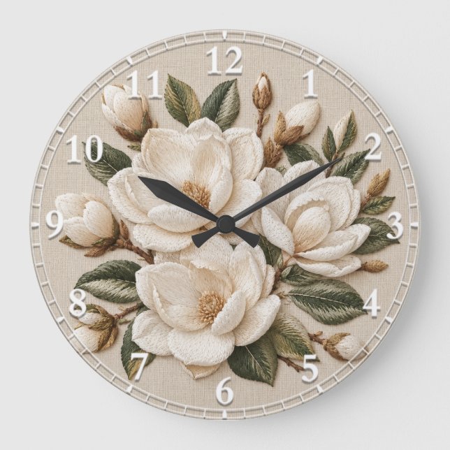 Faux 3D Embroidered White Magnolia Illustration  Large Clock (Front)