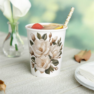 Faux 3D Embroidered White Magnolia Illustration Paper Cups