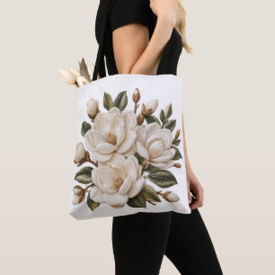Faux 3D Embroidered White Magnolia Illustration Tote Bag