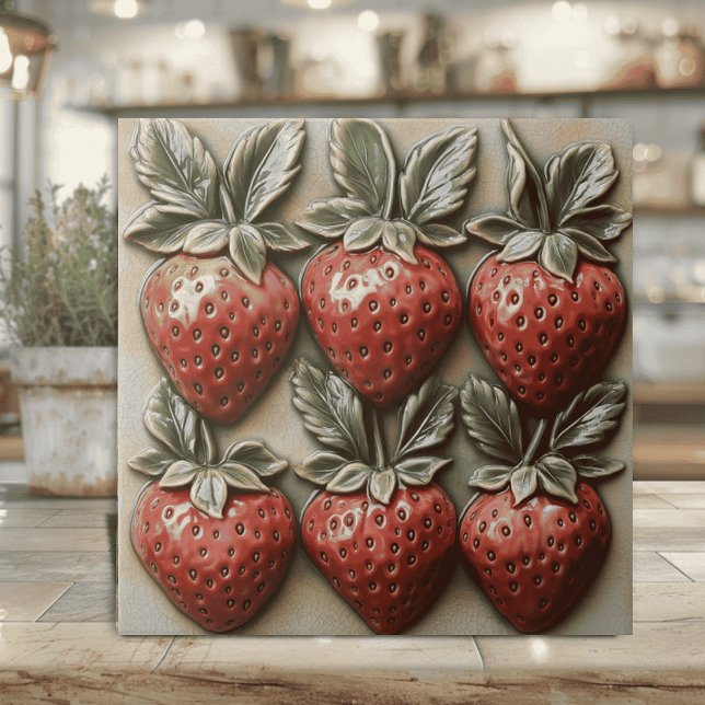 Faux 3D Glazed Italian Strawberries Tile (Strawberry ceramic tile with faux 3D effect for Italian and country kitchen decor cottaage core)