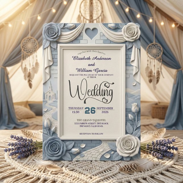 Faux 3D Relief Dusty Blue Floral Wedding  Invitation (Creator Uploaded)