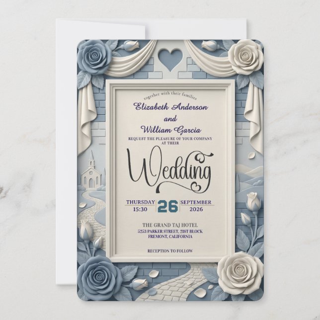 Faux 3D Relief Dusty Blue Floral Wedding  Invitation (Front)
