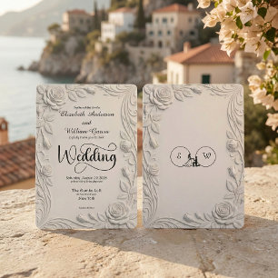 Faux 3D Sculpted Floral Bas Relief Ivory  Wedding Invitation