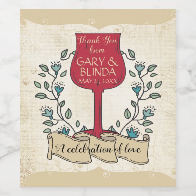 Faux aged paper doodle wine glass laurel wedding label (Single Label)