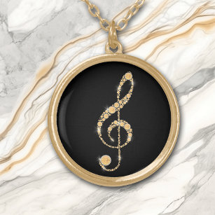 Faux Amber Diamond Treble Clef on Black Music Gold Plated Necklace