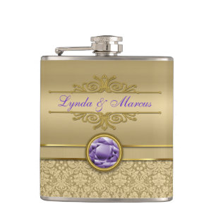 Faux Amethyst Gemstone Shiny Metallic Gold Damask Hip Flask