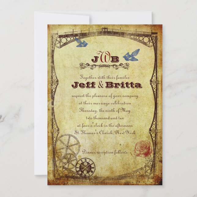 Faux Antique Gold Victorian Steampunk Wedding Invitation (Front)