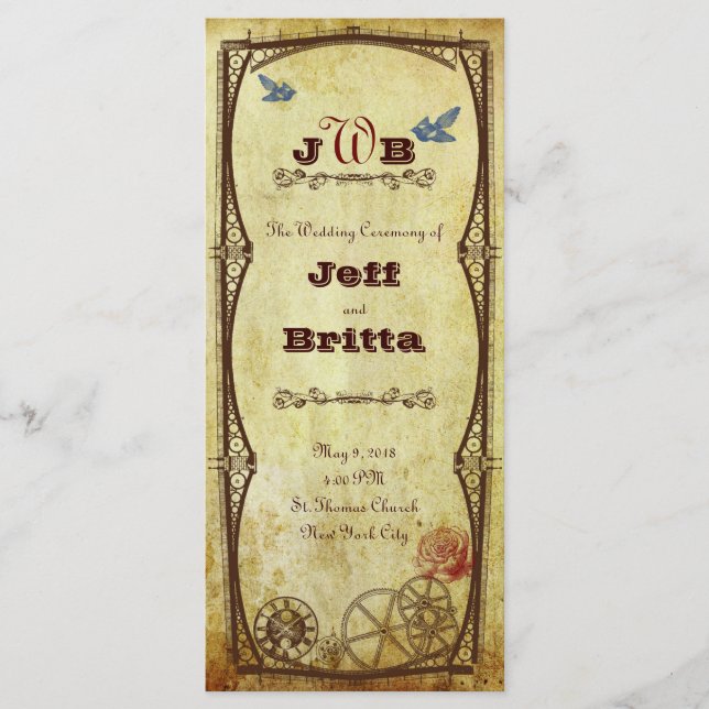 Faux Antique Gold Victorian Steampunk Wedding Programme (Front)