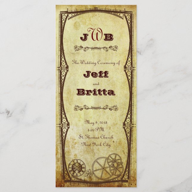Faux Antique Gold Victorian Steampunk Wedding Programme (Front)