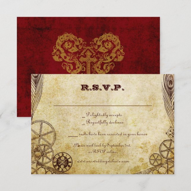 Faux Antique Gold Victorian Steampunk Wedding RSVP Card (Front/Back)