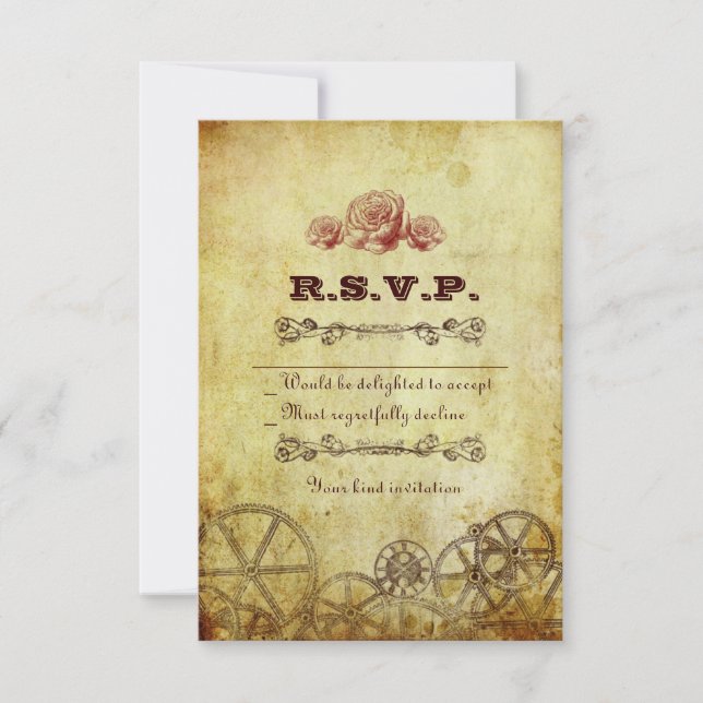 Faux Antique Gold Victorian Steampunk Wedding RSVP Card (Front)