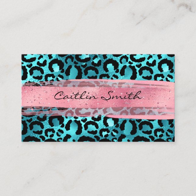 Faux Aqua Blue Foil Leopard Pink Brush Stroke Business Card (Front)