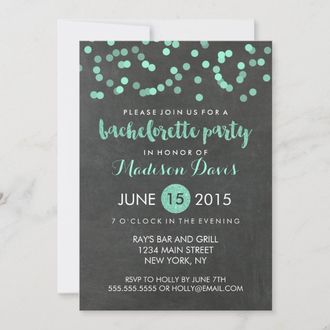 Faux Aqua Glitter Chalkboard Bachelorette Party Invitation (Front)