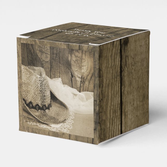 Faux Barn Wood and Cowboy Hat Western Wedding Favour Box (Front Side)