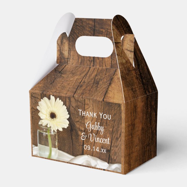 Faux Barn Wood Mason Jar White Daisy Barn Wedding Favour Box (Front Side)