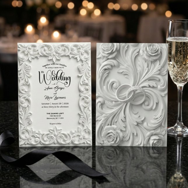 Faux Bas Relief Ornate White Wedding Invitation (Creator Uploaded)