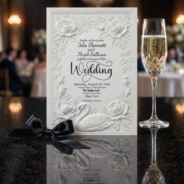 Faux Bas Relief Swan Rose Formal Garden Wedding Invitation (Creator Uploaded)