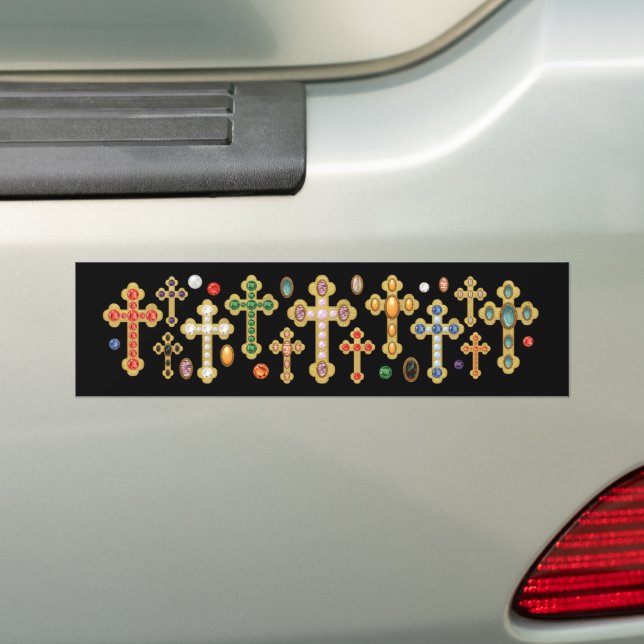 Faux Birthstone Crosses and Loose Gems on Black Bumper Sticker (On Car)