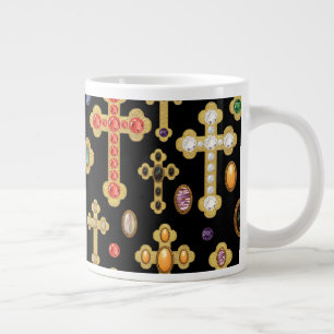 Faux Birthstone Crosses and Loose Gems on Black Large Coffee Mug