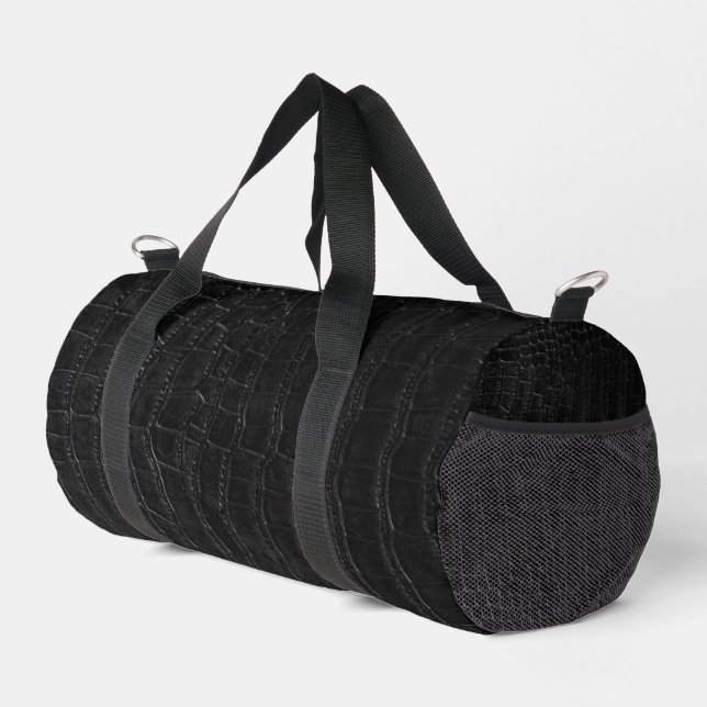 Faux Black Alligator Crocodile Leather Print Duffle Bag (Right Corner)