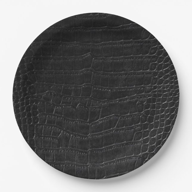 Faux Black Alligator Crocodile Leather Print Paper Plate (Front)