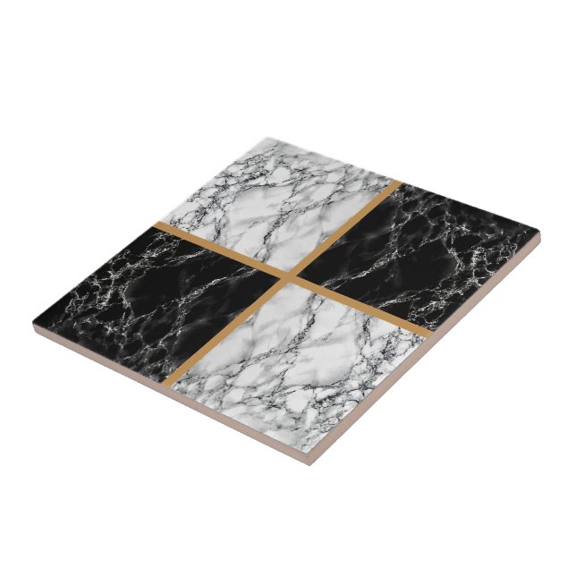 Faux Black and White Marble Gold Line Ceramic Tile (Side)