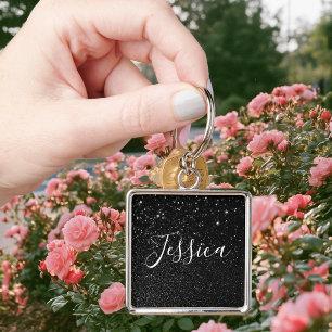 Faux Black Glitter Bokeh Photo Personalised Key Ring