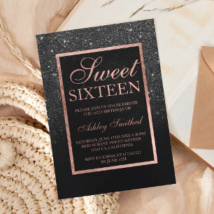 Faux black glitter elegant rose gold chic Sweet 16 Invitation