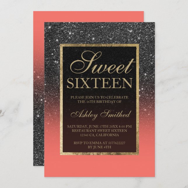 Faux black glitter gold elegant coral Sweet 16 Invitation (Front/Back)