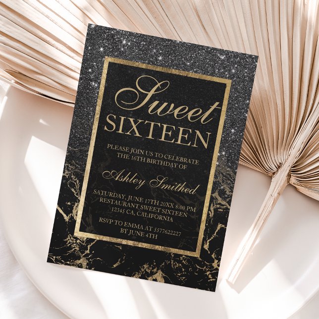 Faux black glitter gold elegant marble Sweet 16 Invitation (Creator Uploaded)