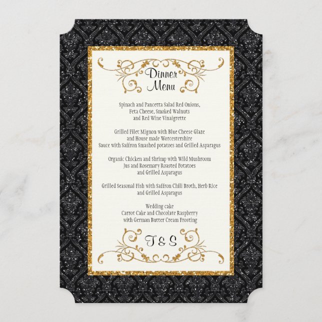Faux Black Gold Glitter Damask Ticket Style Menu (Front)