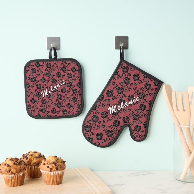 Faux Black Lace Fishnet Custom Name and Colour Oven Mitt & Pot Holder Set (Insitu(Hanging))