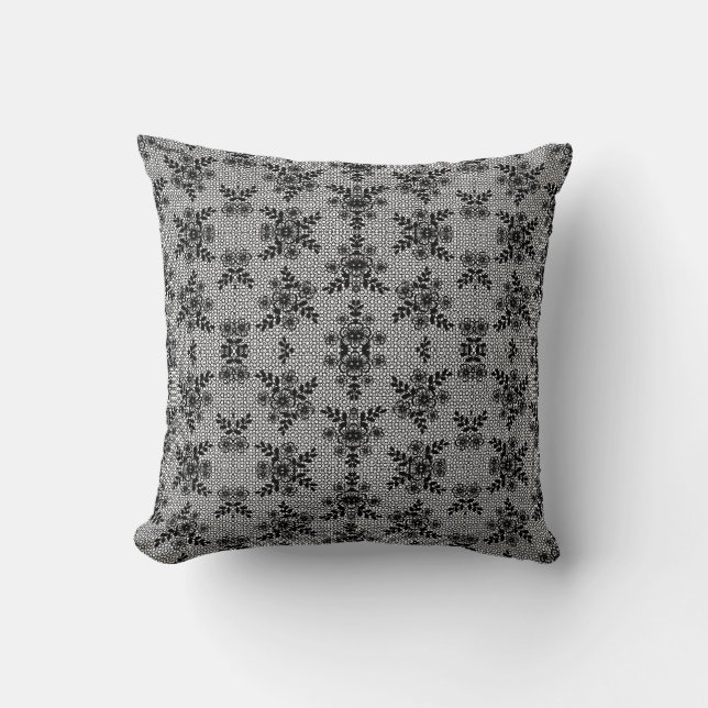 Faux Black Lace Fishnet Pillow with Flowers (Front)